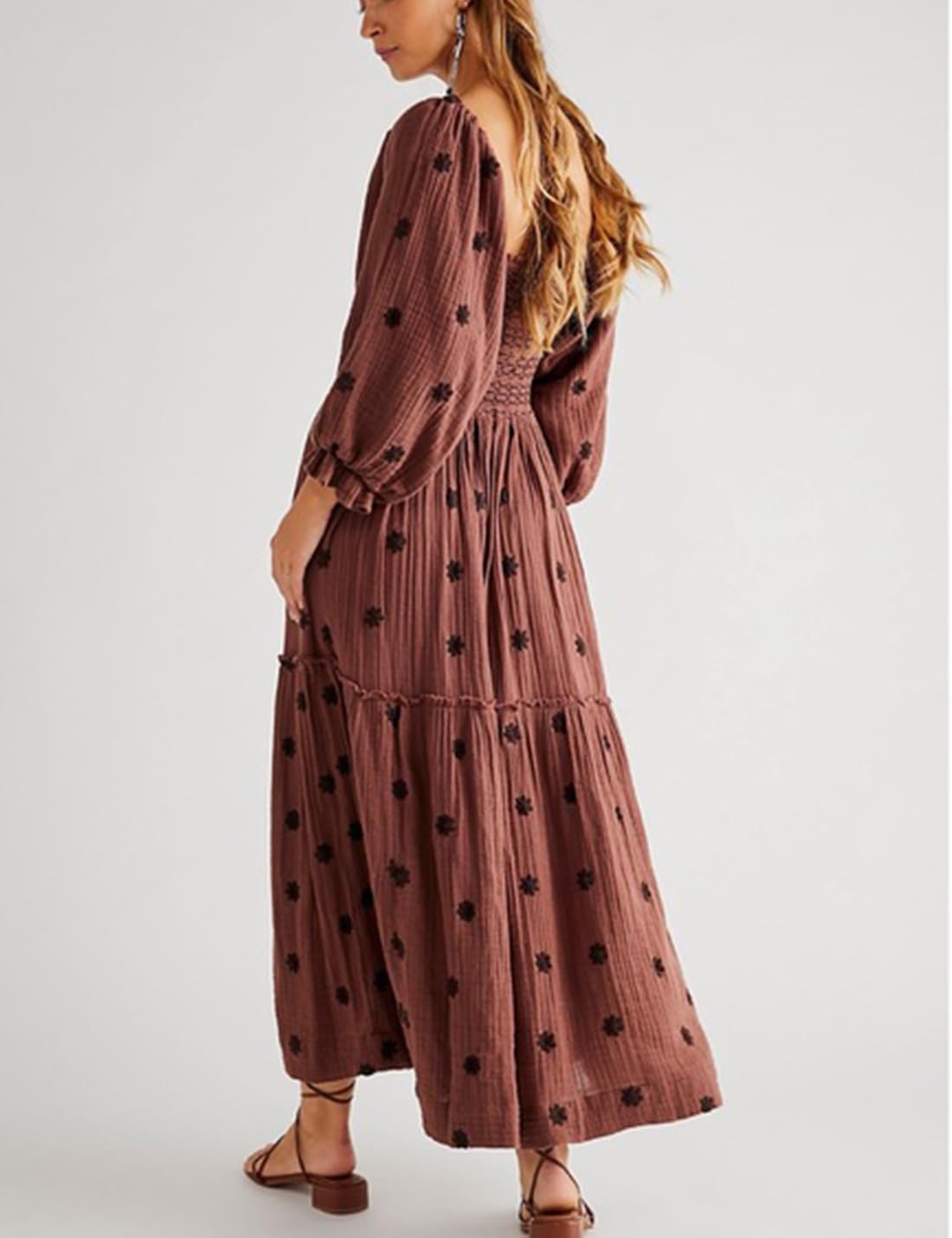 Yeenily Women Bohemian Floral Dress Lantern Sleeve Square Neck Flower Embroidered Maxi Dress Flowy High Waist Long Dress - Image 3