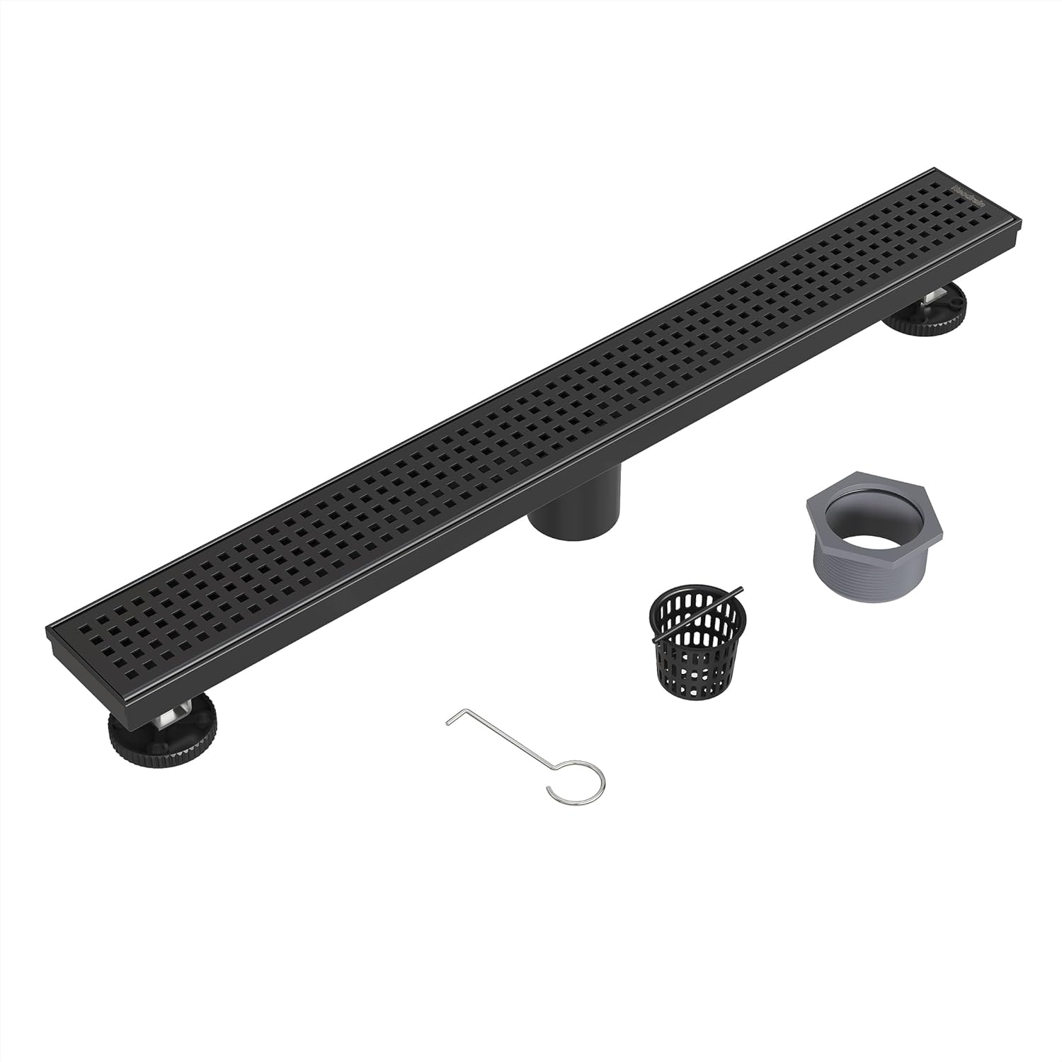 Neodrain 24-Inch Black Linear Shower Drain with Removable Quadrato Pattern Grate, 304 Stainless Steel Rectangle Shower Floor Drain, Linear Drain with Leveling Feet, Hair Strainer, Matte Black Matte Black 24 In