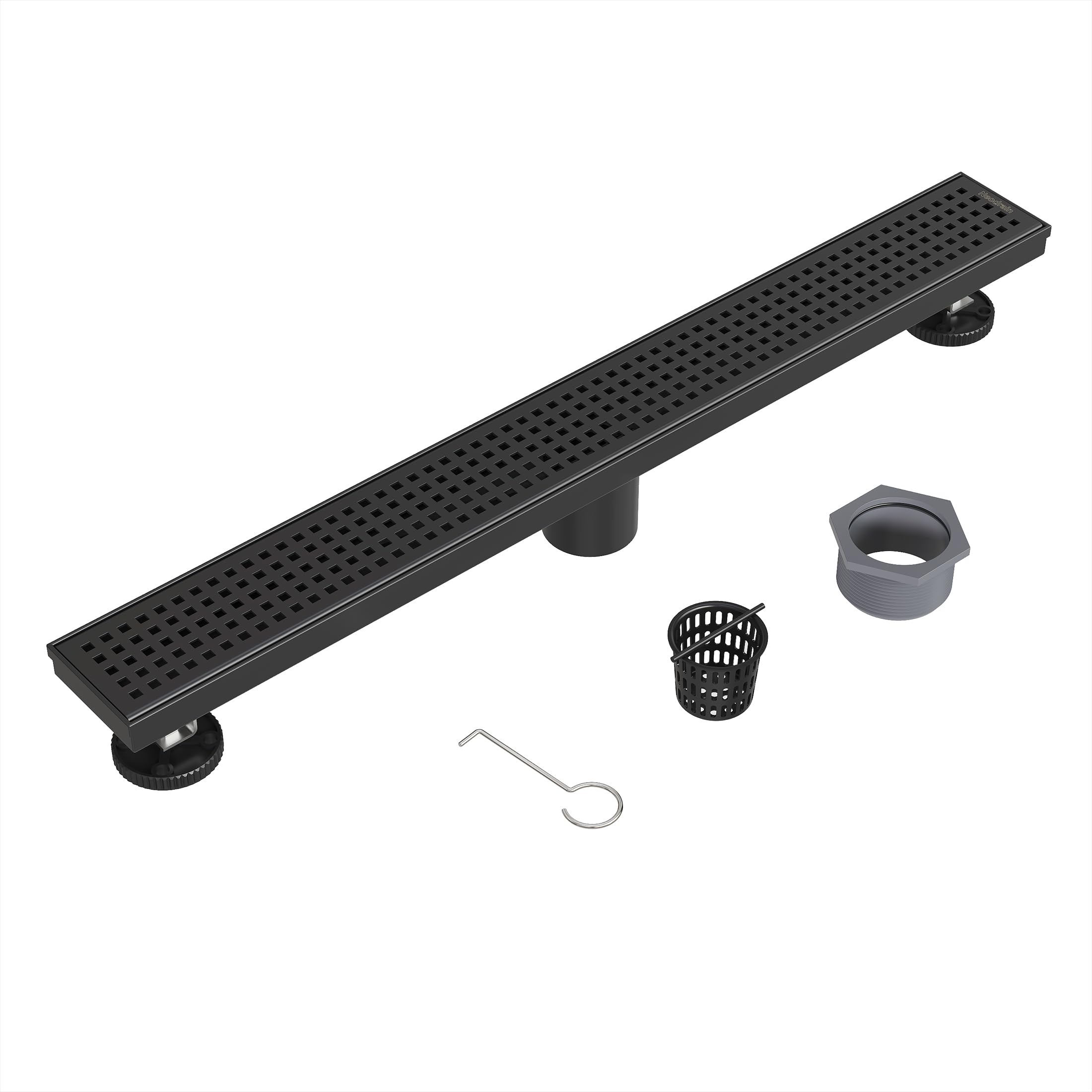 Neodrain 24-Inch Black Linear Shower Drain with Removable Quadrato Pattern Grate