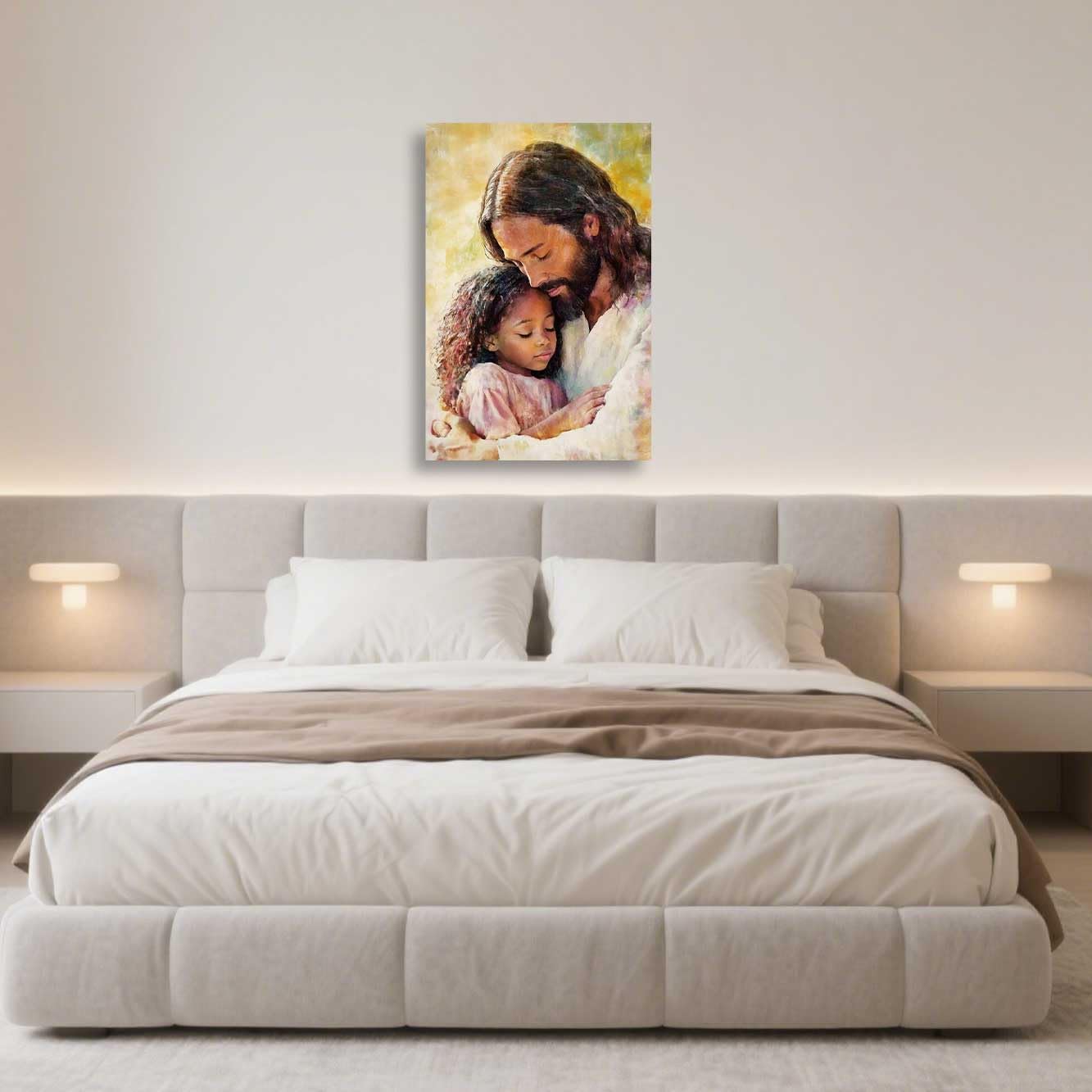 ZSHARTSWD Christian Wall Art Jesus Holding Black Little Girl Canvas Prints Religious Bible Story Pictures God Painting for Baby Girl Room Home Decor Framed (Yellow, 18L x 12W)