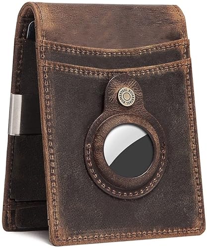 Billeteras para hombre, billetera plegable RFID de cuero para hombre con 2 ventanas de identificación, billetera Apple AirTag para hombre, delgada