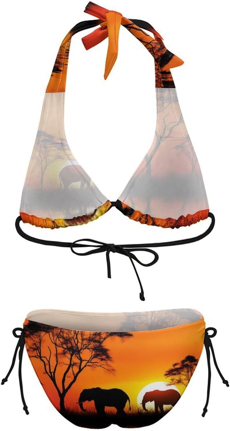 African Elephants in Sunset Novelty Women's 2 Piece String Bikini Set Swimsuits Bathing Suit Swimwear