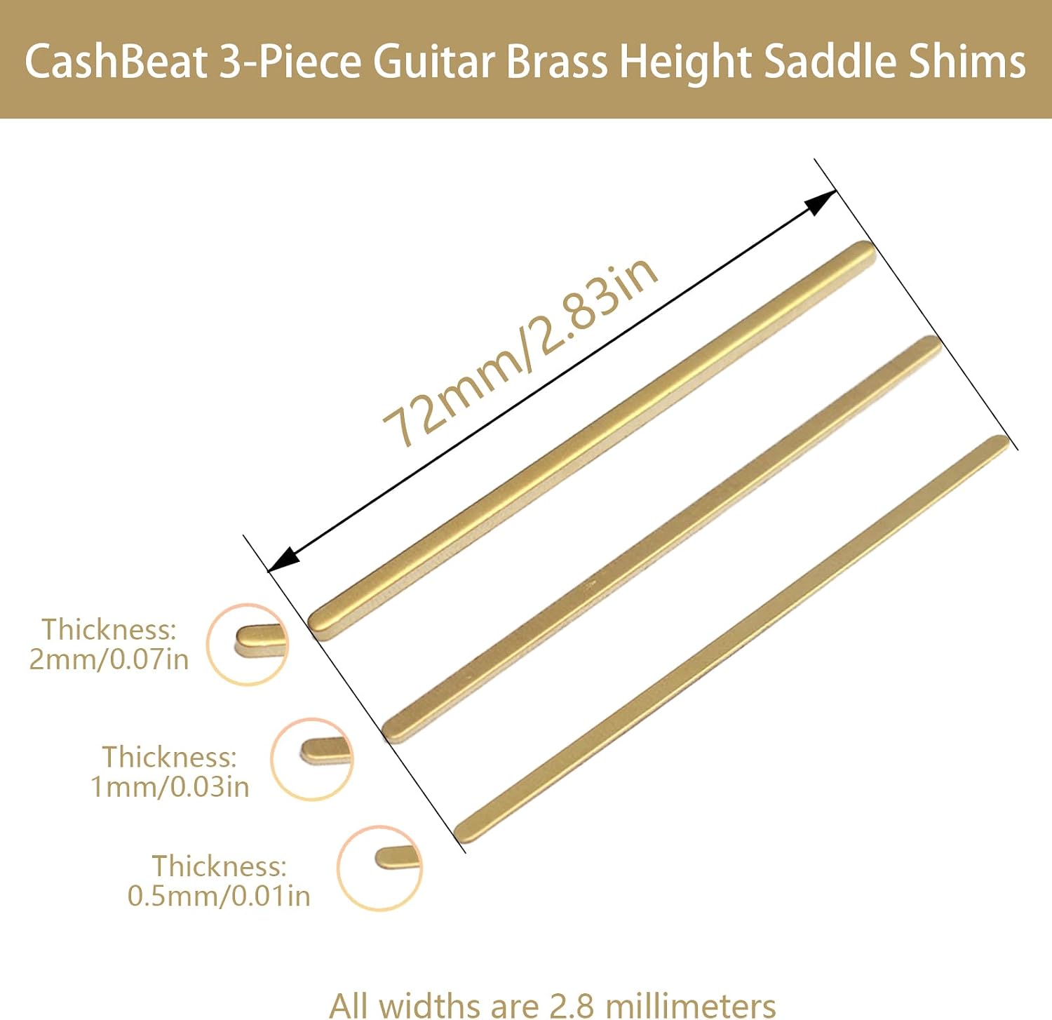 CashBeat Brass Guitar Nut Shims 72x2.8mm 0.5 1.0 2.0mm for Electric Guitar