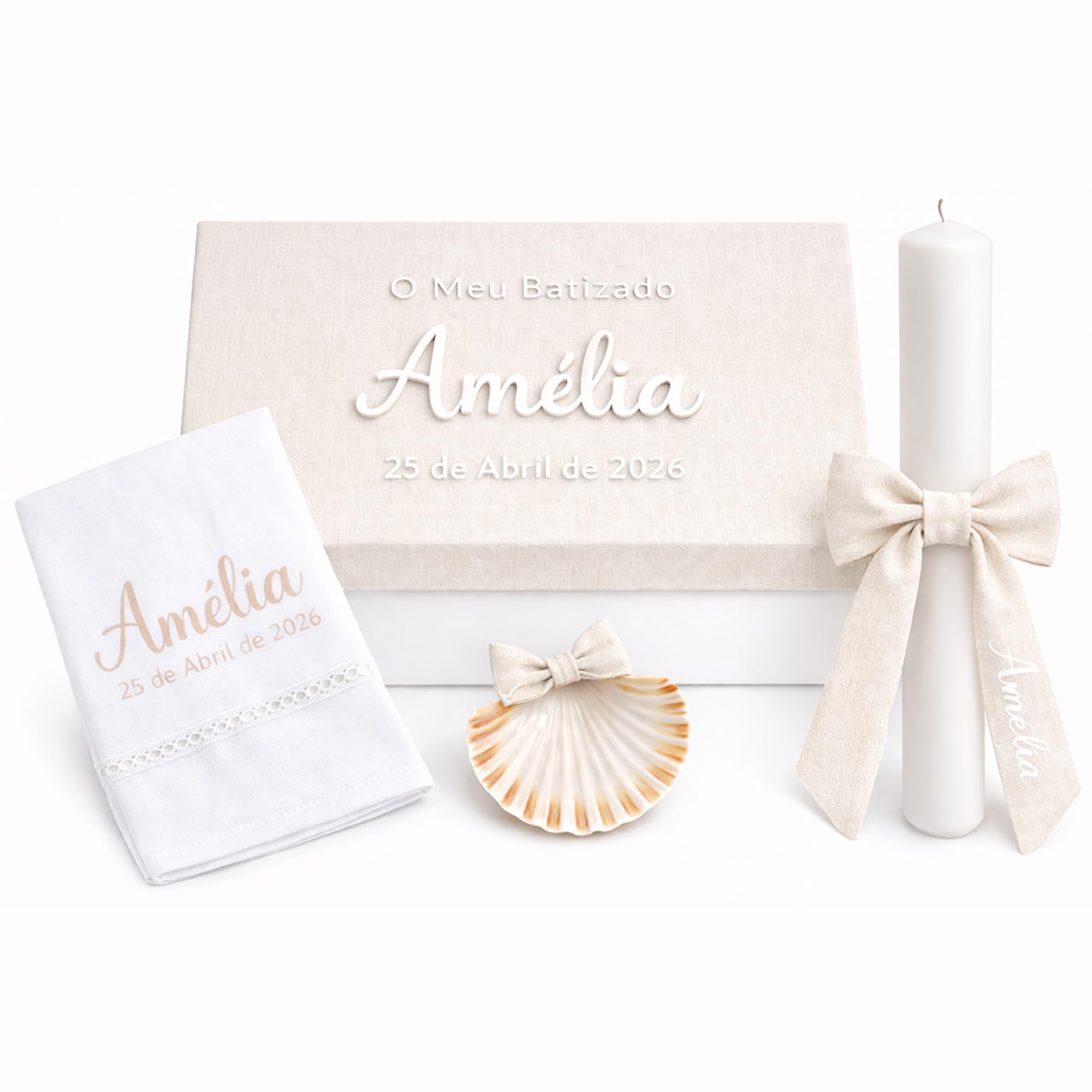 Kit de Baptême Personnalisé Bébé – Coffret Baptême avec Prénom et Date – Bougie, Serviette en Lin, Coquille Baptême – Cadeau Baptême Fille Garçon