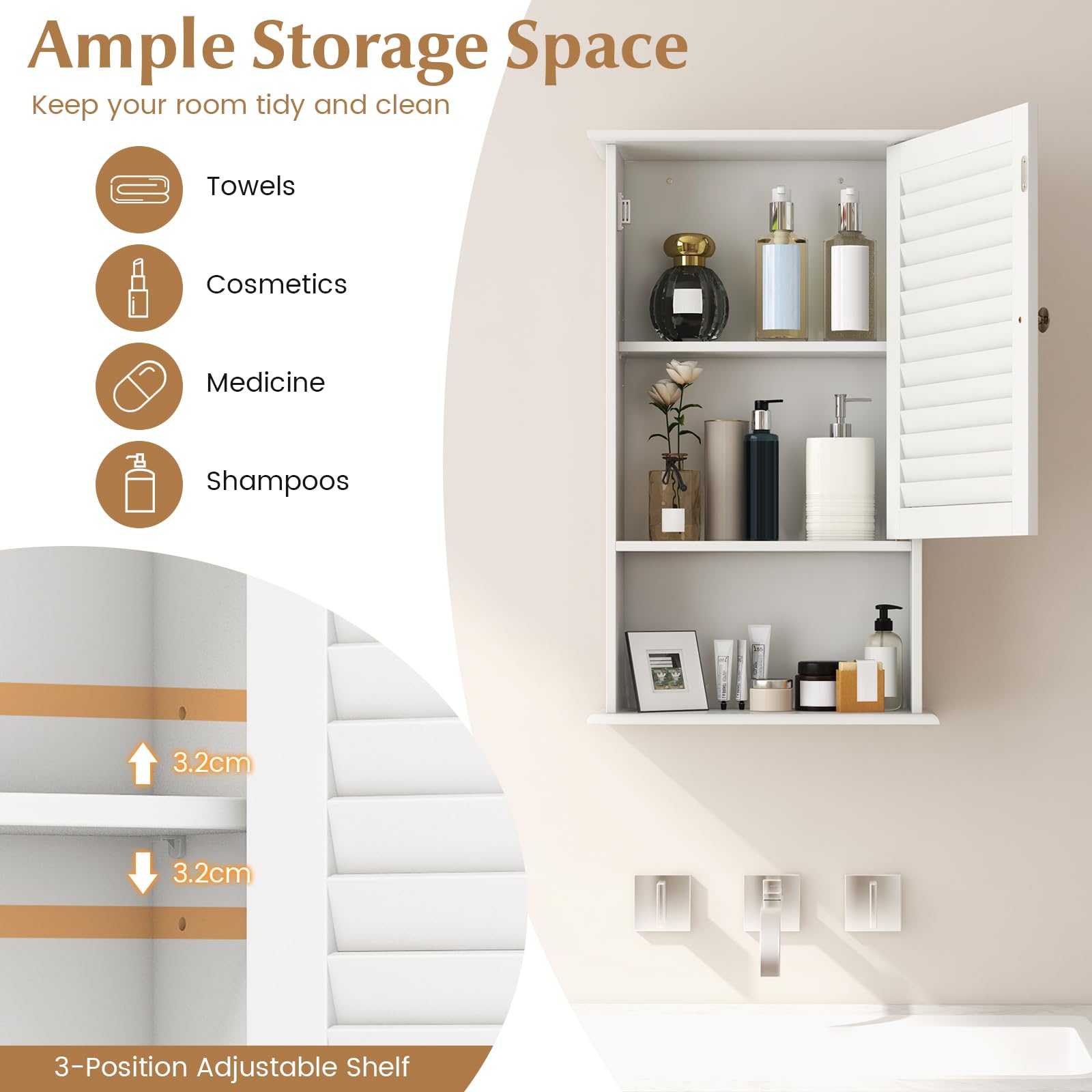 GIANTEX Armadio da Bagno a Parete con Porta, 2 Ripiani Regolabili e Scomparto Aperto, Armadio in Legno a 3 Livelli, Mobile Multiuso per il Bagno, Cucina, Ingresso, 42x17x70 cm (Bianco)