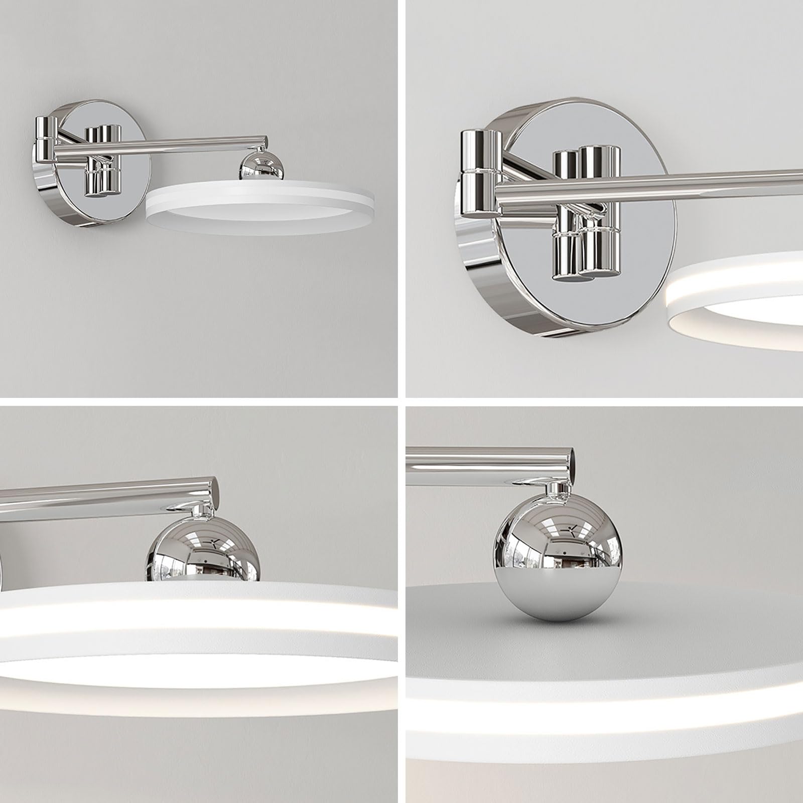 Chromowana lampa ścienna z wysięgnikiem, ultracienka metalowa lampa ścienna z akrylowym kloszem, chowany regulowany kinkiet, okrągłe kinkiety, nowoczesne kinkiety LED – 30 W – 3 kolory