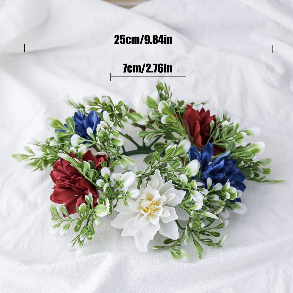 4th of July Candle Rings Artificial Flower Wreath Red Blue White Patriotic Candle Holder 9.84