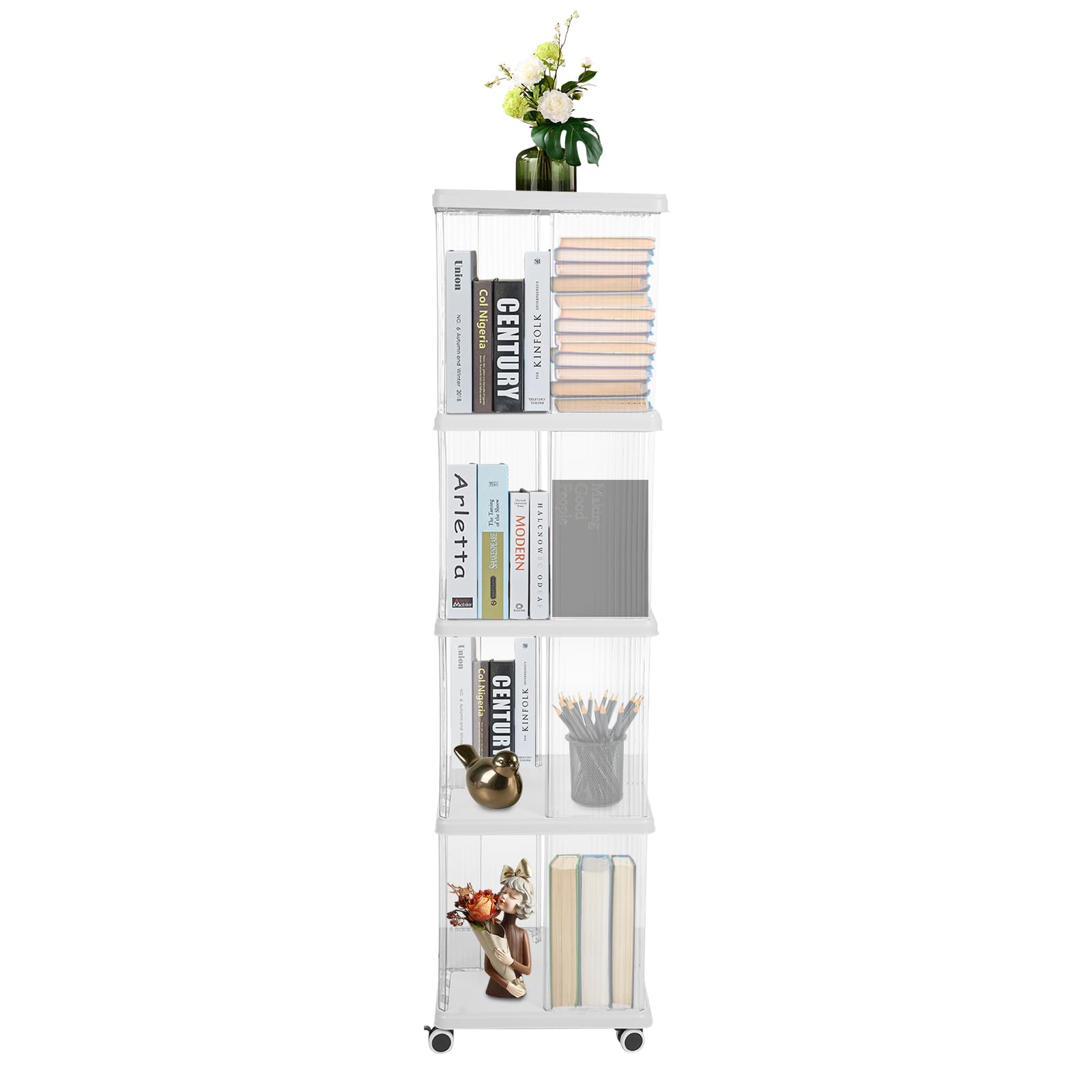 4 Stufiges Bücherregal, Bücherturm Freistehend mit 4 Räder Multifunktionales Lagerregal zur Aufbewahrung von Büchern Zeitschriften CDs Snacks