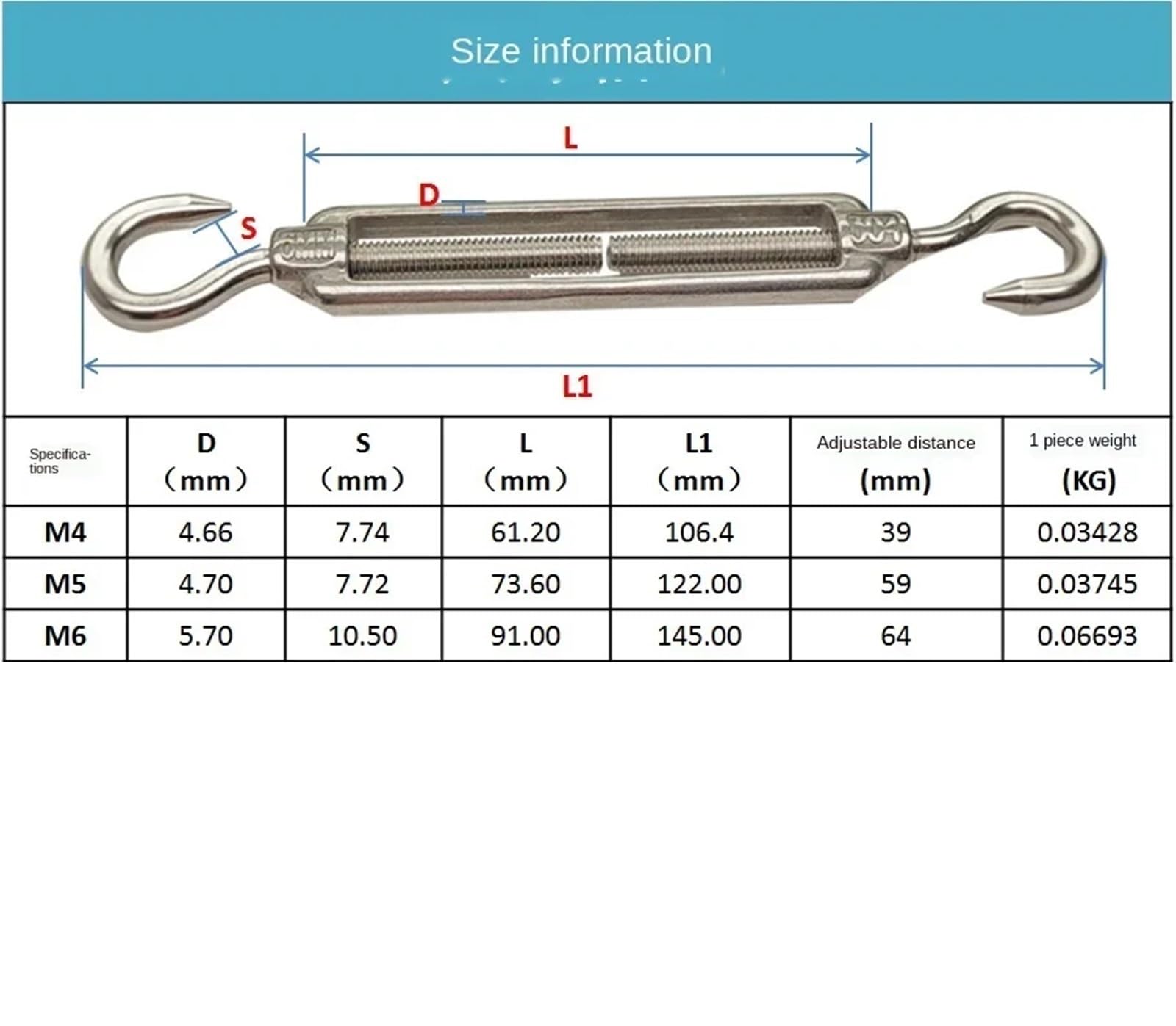 Turnbuckle Wire Tensioner Napinacz drutu ze stali nierdzewnej, zestaw 5 sztuk, różne rozmiary(M4)