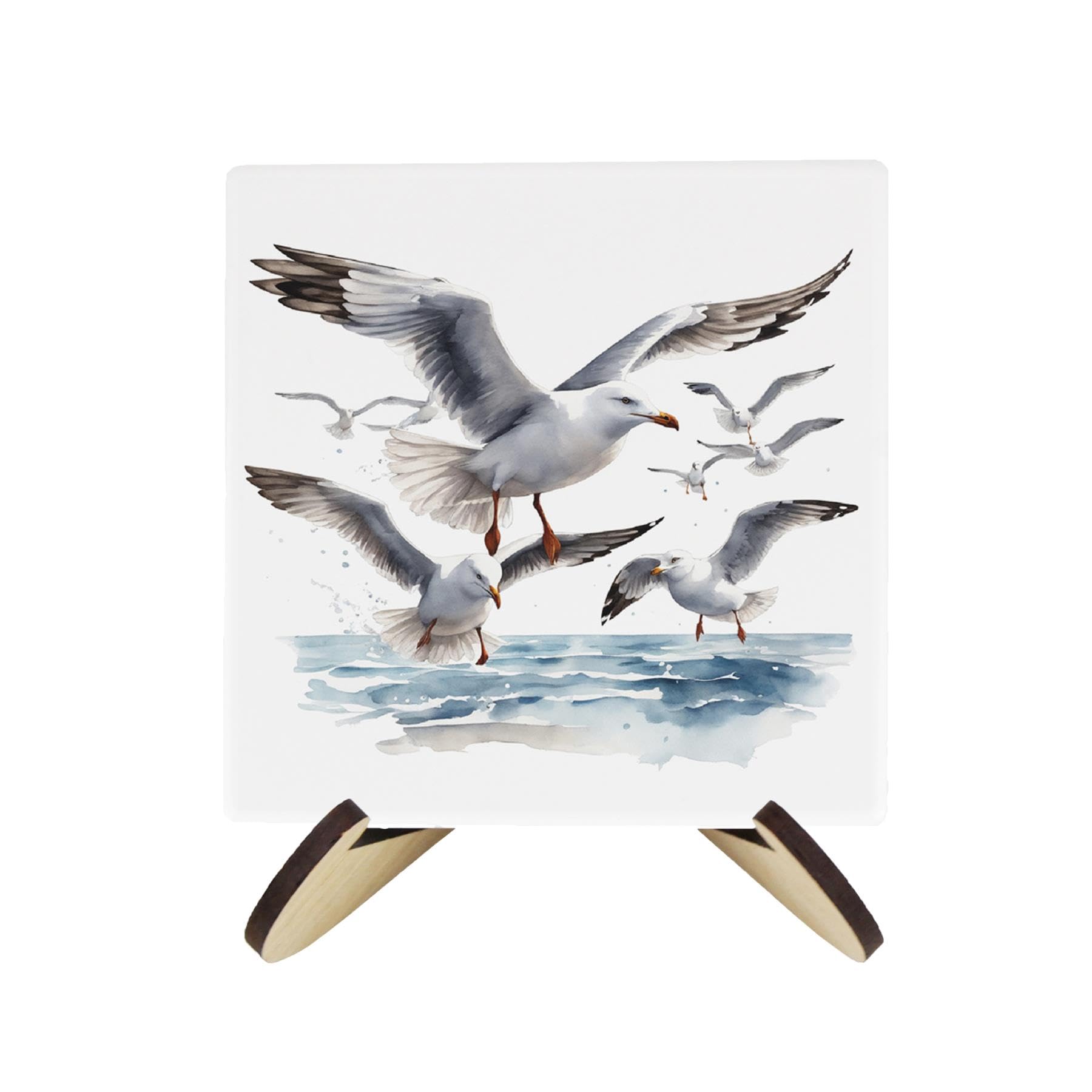 Seagulls Ceramic Coaster Set - Coastal Bird Seaside Square Set of Four (4) Coasters Gift & Wood-Effect Coaster Stand