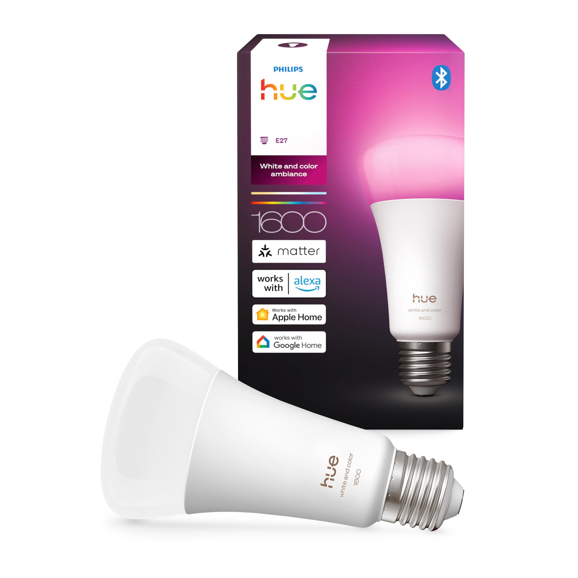 Philips Hue Bombilla LED Inteligente A67, White and Color Ambiance, Luz Blanca y de Colores, E27, 11,8W, Regulable 1000-20.000 K, 1600 lm, Alexa, Google Assistant y Apple Home, Pack de 1