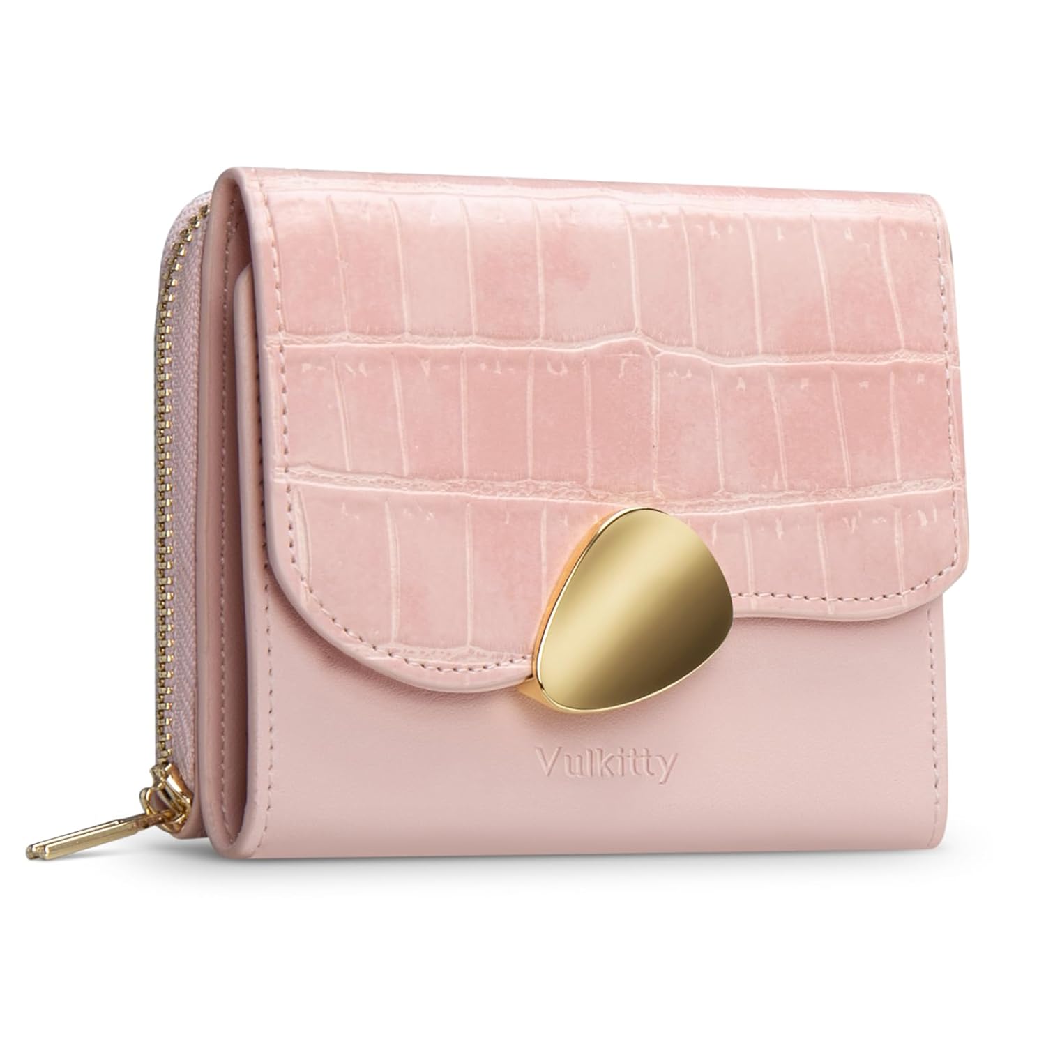 Vulkitty Trifold Leather Wallet for Women RFID Blocking Small Compact Purse with Zipper Pocket Ideal for Gift Pink