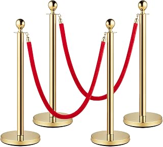 Gold Stanchions and Velvet Ropes, Red Carpet Ropes and Poles 5ft/1.5 M, Stainless Steel Stanchion Post, Rope Safety Barriers Waterproof and Rustproof Set for Party Supplies (Gold-4PCS)