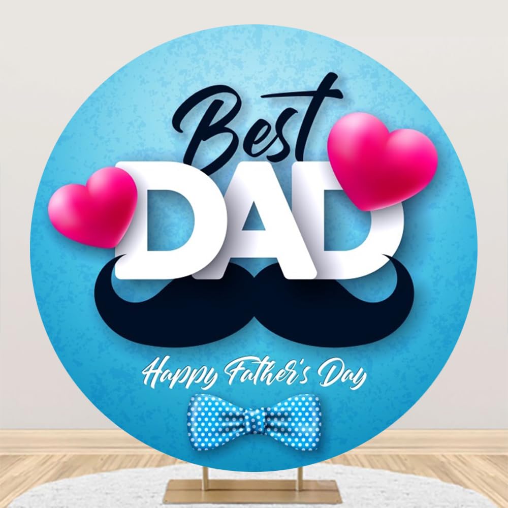 Leyiyi 7.2x7.2ft Happy Father's Day Round Backdrop Cover Best Dad Backdrop for Father Day Party Decoration Banner Funny Beard Bow Tie Blue Fathers Day