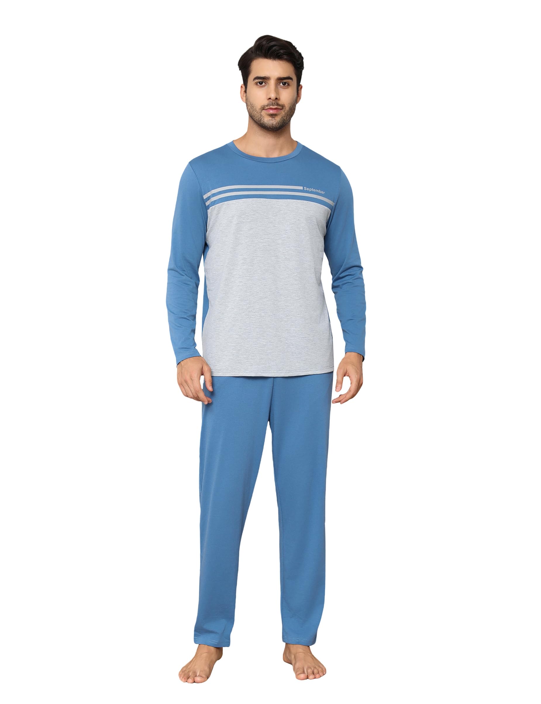 Pijamas Hombre Invierno Conjuntos de Algodón Pijama Cálidos Manga Larga Ropa de Dormir Cuello Redondo Ropa de Salón Dos Piezas