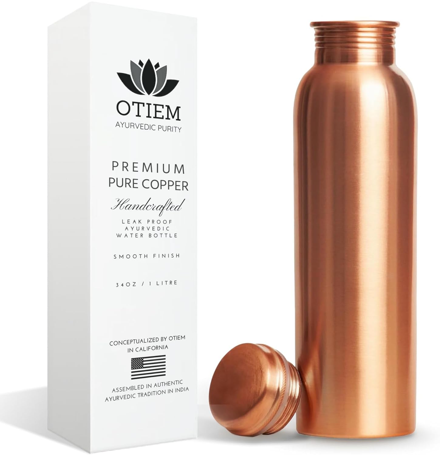 Otiem 34 Oz Copper Bottle - Ayurvedic Copper Water Bottle - Leak Proof - Smooth Finish