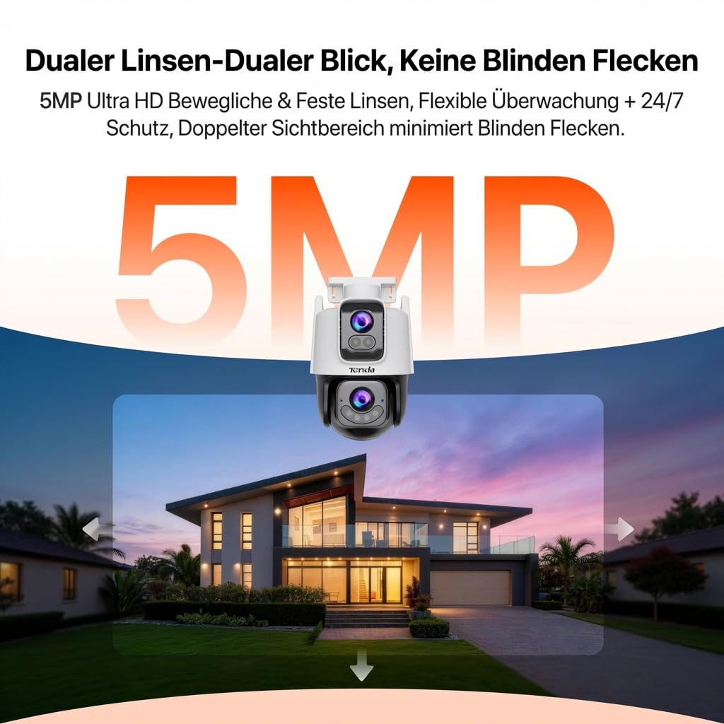 Tenda Kamera 5 MP + 5 MP do monitoringu zewnętrznego, rozpoznawanie sztucznej inteligencji, noktowizor 360°, dwukierunkowe audio, IP65 kamera WLAN Outdoor z alarmem w przypadku przekroczenia granicy
