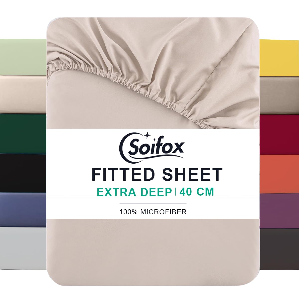 Soifox Super King Fitted Sheet Warm Beige - Bed Sheets with Extra Deep Pocket 16 inch (40 cm), Soft Microfiber Bottom Sheet for Superking Bed, 180x200cm