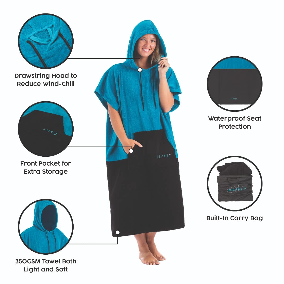 Osprey Poncho de Toalla Unisex con Capucha para Surf, Bata cambiadora de Playa para Hombre y Mujer, con diseño de guardapolvo