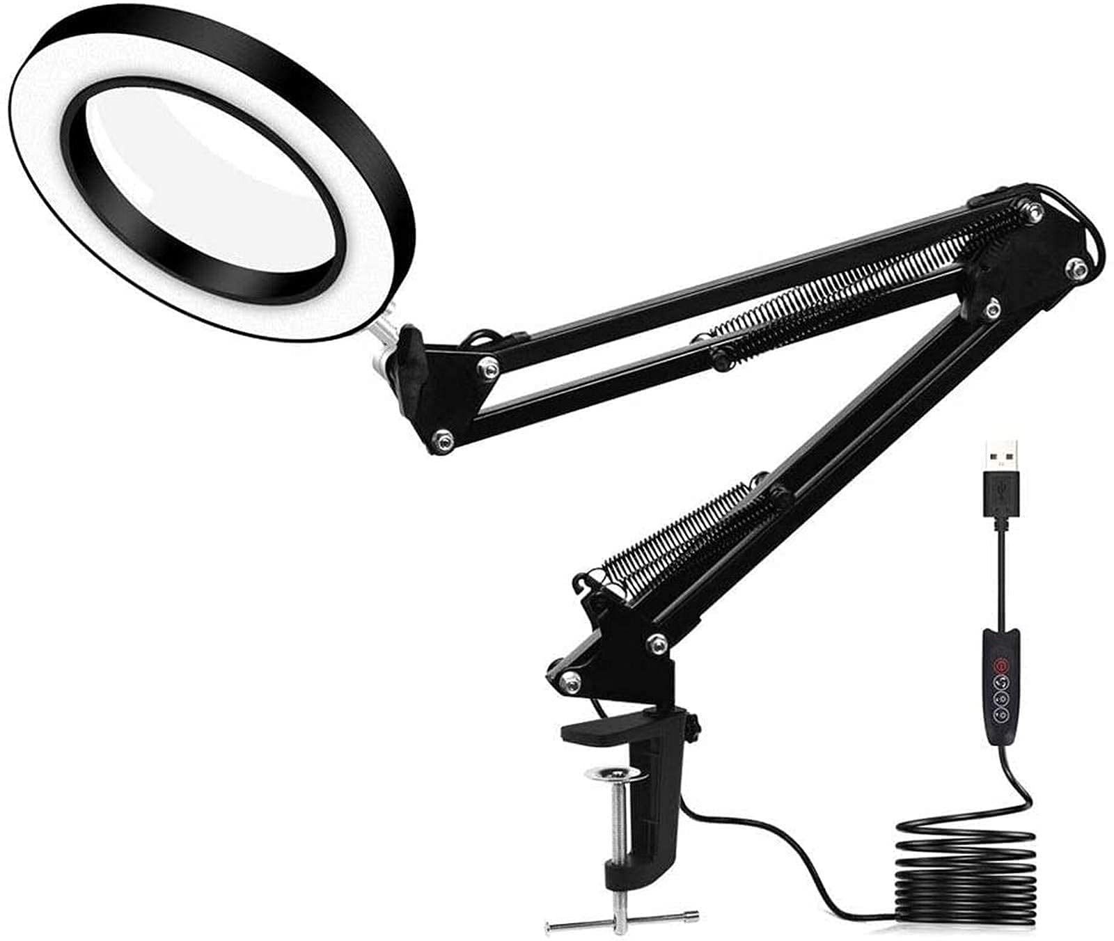 Lampa powiększająca z zaciskiem, 5-krotne powiększenie, płynne ściemnianie, 3 tryby kolorów, 10 poziomów jasności, metalowe ramię obrotowe LED do majsterkowania, lutowania