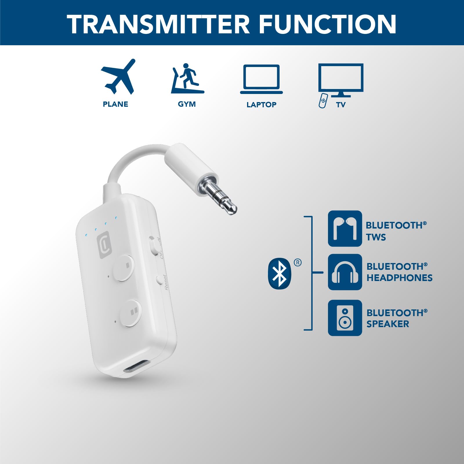 Cellularline - In-Flight Transmitter - Trasmettitore Bluetooth per prese Aux - Connette fino a due paia di Cuffie o Auricolari TWS - Per dispositivi senza Bluetooth con AUX 3,5mm - Bianco Cellularline - In-Flight Transmitter - Trasmettitore Bluetooth per prese Aux - Connette fino a due paia di Cuffie o Auricolari TWS - Per dispositivi senza Bluetooth con AUX 3,5mm - Bianco