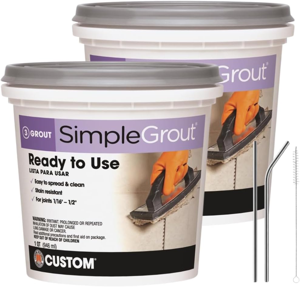 Custom Building Products SimpleGrout Indoor Natural Gray Grout 1 qt – 2 Pack – Tile Joint Paint & Renew – Epoxy Compound & Mortar Repair – Gray Caulk for Bathroom – Stainless Steel Straw Set