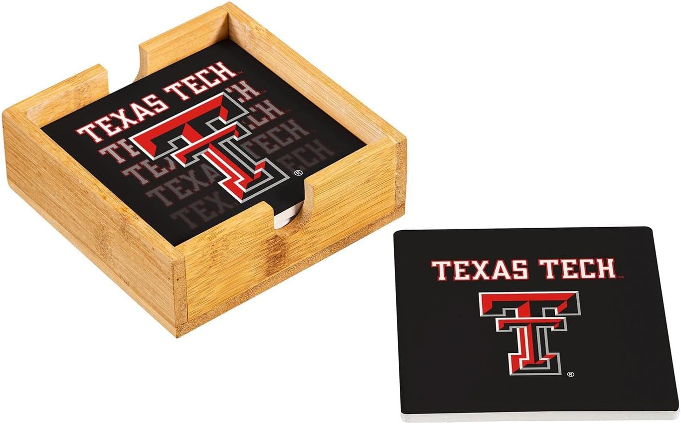 NCAA Texas Tech University Coasters Gift Set with Wood Caddy, 4pcs Ceramic Stone Drink Coasters with Wooden Holder, College Tabletop Décor for Dorm, Bar, Man Cave, Holiday for Men Women