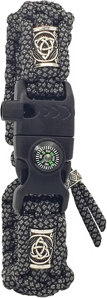 Pulsera de supervivencia Paracord ajustable: silbato de emergencia, brújula, iniciador de fuego, raspador de pedernal, decoración de cuentas vikingas de plata