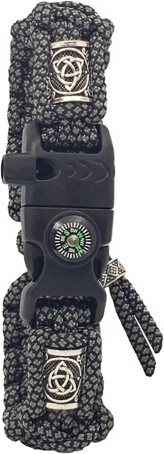 Mini Hiking & Camping Survival Kit | Adjustable Survival Bracelet – Loud Whistle, Fire Starter, Compass, Tactical Paracord Bracelet with Silver Viking Beads - Made in USA