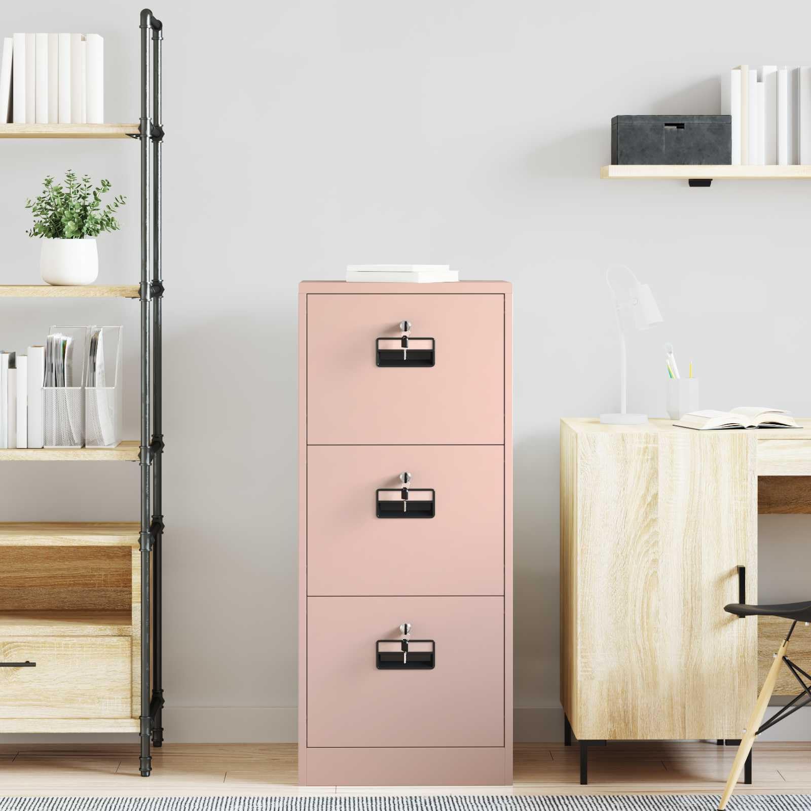 Armoire de Rangement Rose avec 3 Tiroirs en Acier Laminé à Froid Dimensions 45,5 x 42 x 106,5 cm pour Bureau Chambre Studio avec Serrures Sécurisées et Étagères Coulissantes