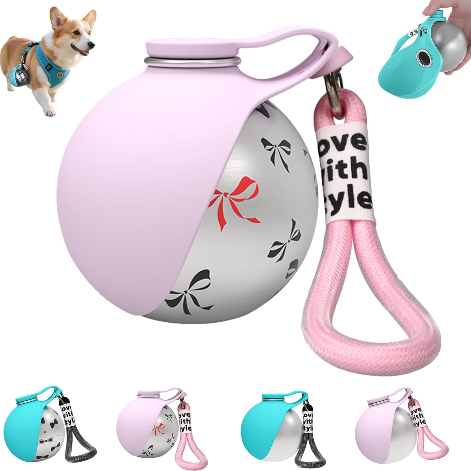 Foldable Pet Water Bottle for Travel, 2-in-1 Portable Dog Water Bottle with Silicone Bowl, Leak-Proof Stainless Steel Travel Water Dispenser for Small Dogs Walking Hiking Camping (Pink+Print)