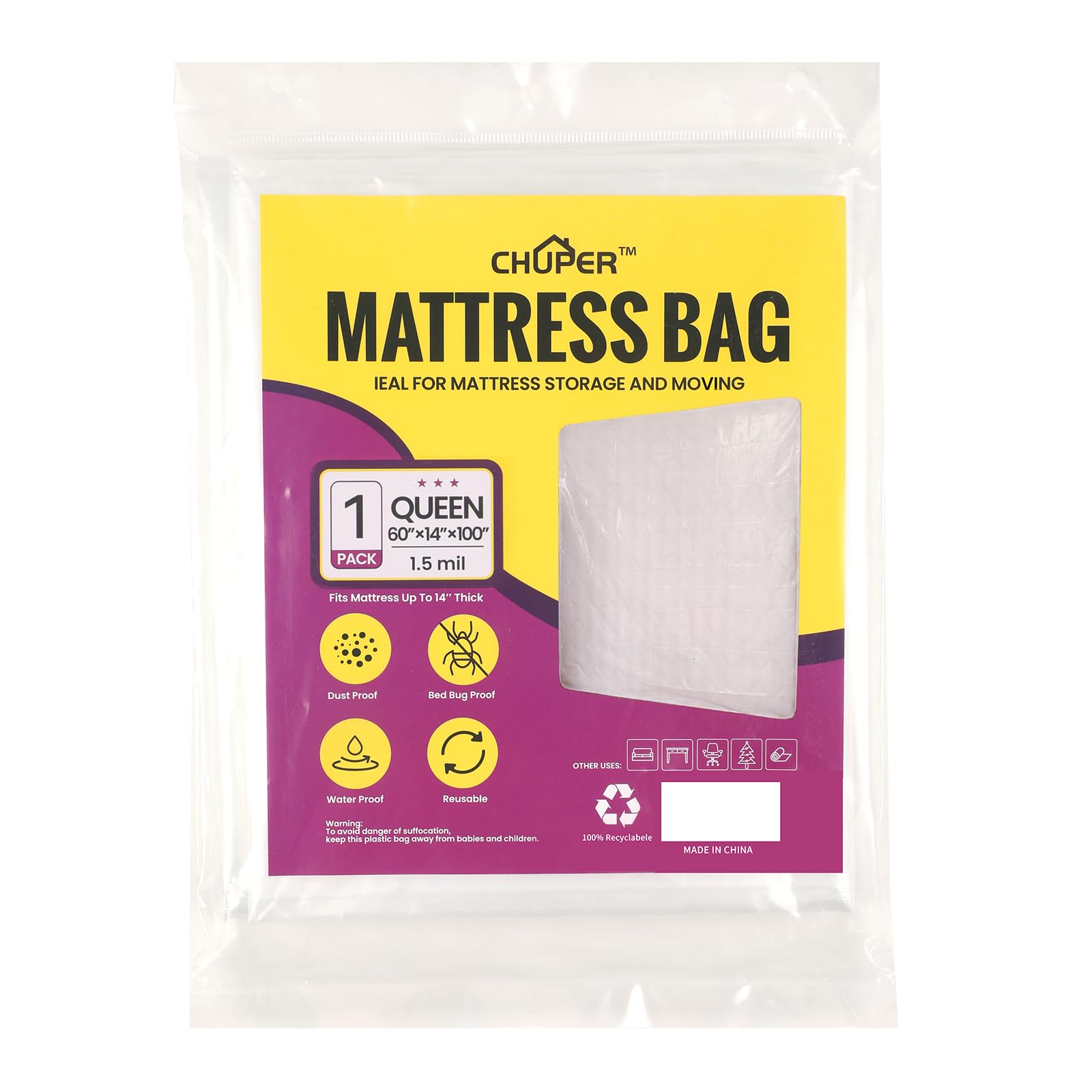 Queen Mattress Bags for Moving and Disposal – Waterproof Queen Mattress Plastic Cover for Moving