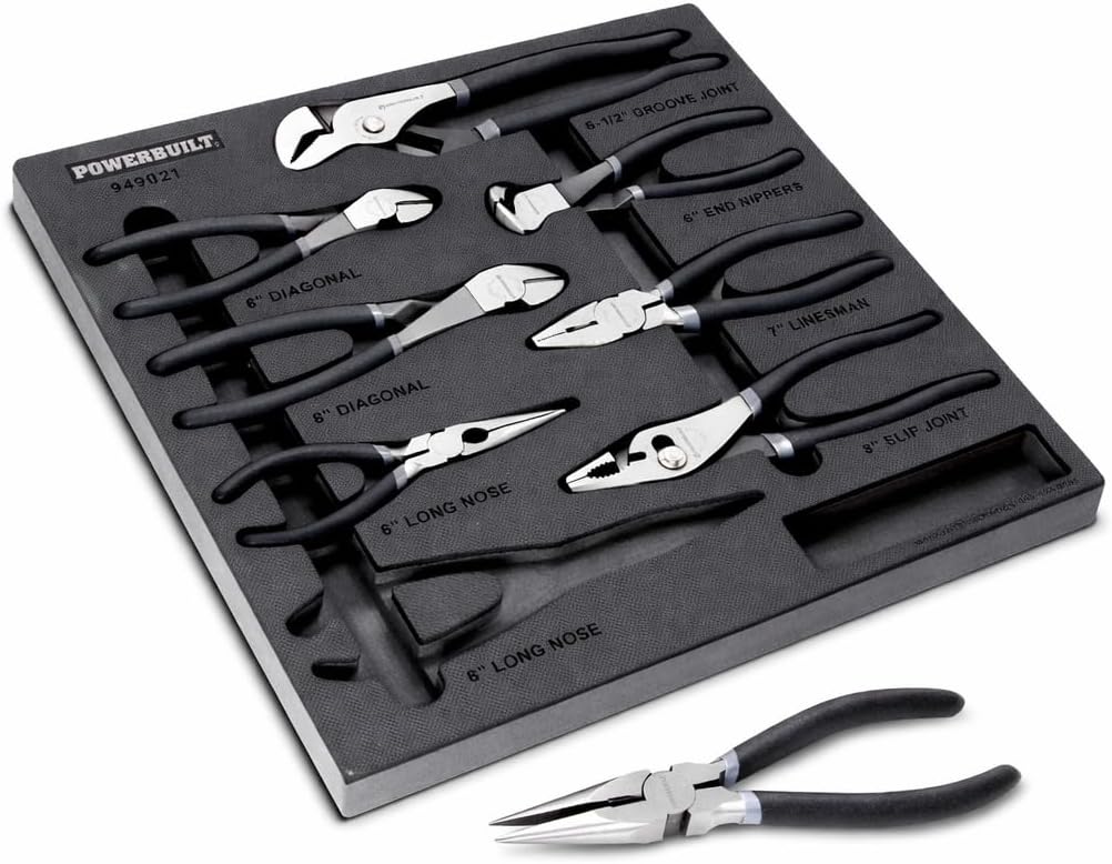 Powerbuilt 8 Piece Master Pliers Set, Long Reach, Diagonal, Slip Joint, Adjustable, Linesman, Groove Joint, End Nippers, Hand Tools Organizer Tray - 949023