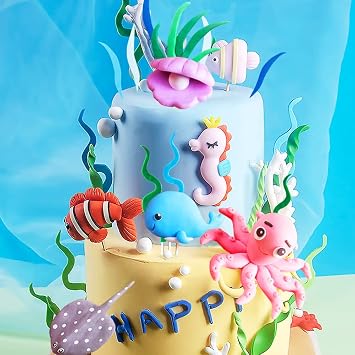 16 Pcs Under The Sea Cake Decoration Ocean Cake Topper Under The Sea Party Supplies Devil Fish, Octopus, Seahorse Cake Decor