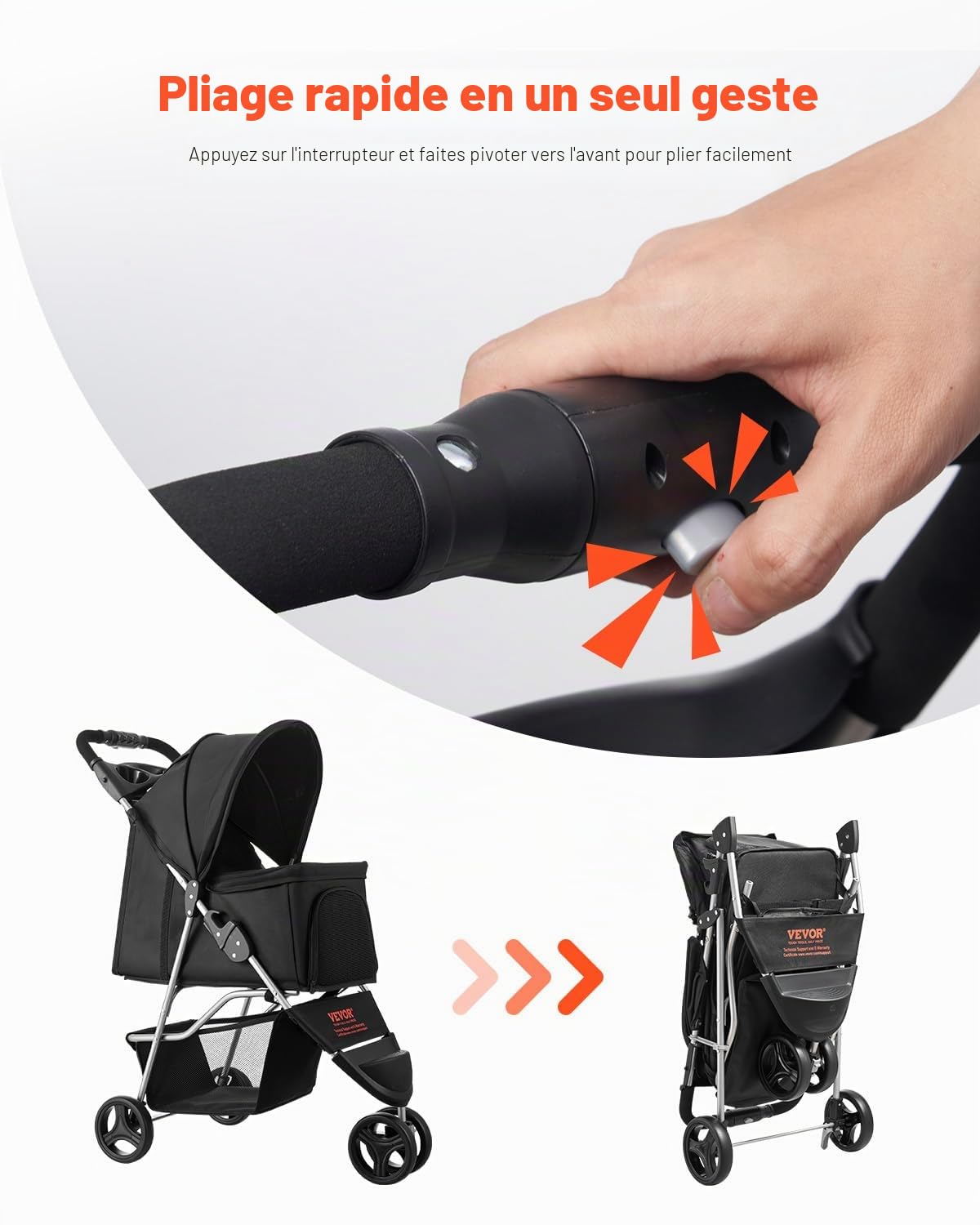 VEVOR Poussette pour Chien Animaux de Compagnie Pliable, Capacité 16 kg, avec 3 Roues et Freins Arrière, Fenêtres en Maille, Porte-gobelets, pour Chats, Animaux de Compagnie Taille Petite Moyenne