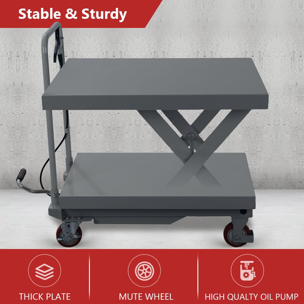 Table élévatrice hydraulique pour chariot à ciseaux, capacité de 226,8 kg, hauteur de levage de 72,1 cm, table élévatrice manuelle à ciseaux avec 4 roues et pompe à pied pour la manipulation du