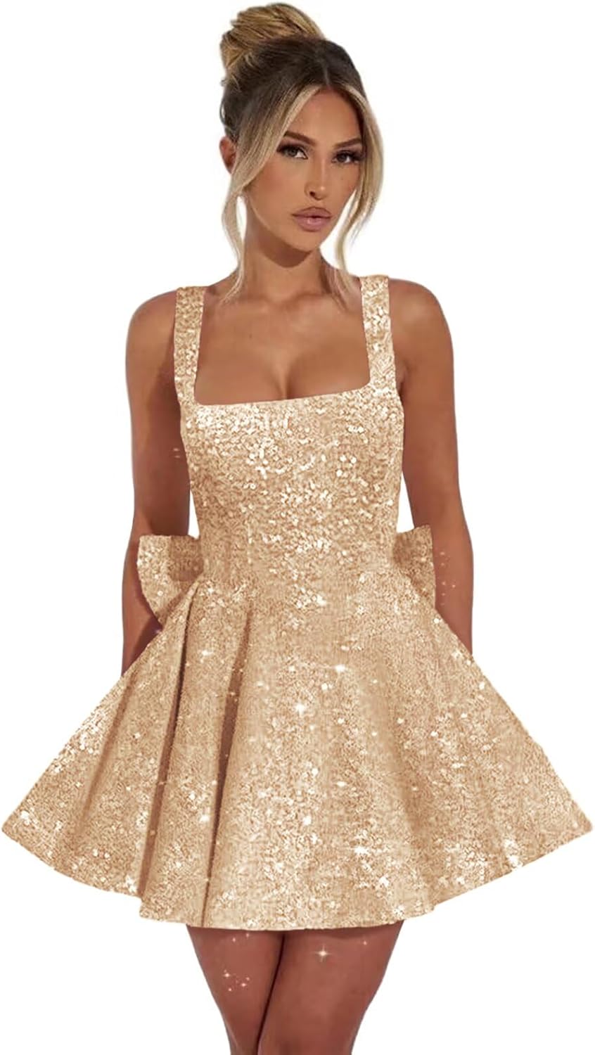 LORIE Sparkly Short Homecoming Dresses with Bow Square Neck A-Line HOCO Dress 2026 Cocktail Party Gowns