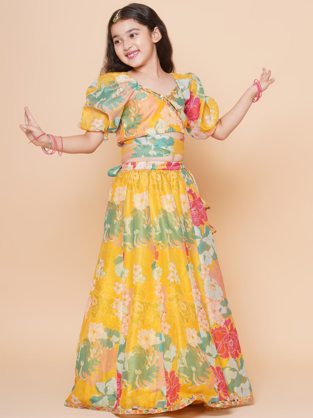 Girls Yellow Flower Digital Print Lace work Choli with Ready to wear Lehenga.