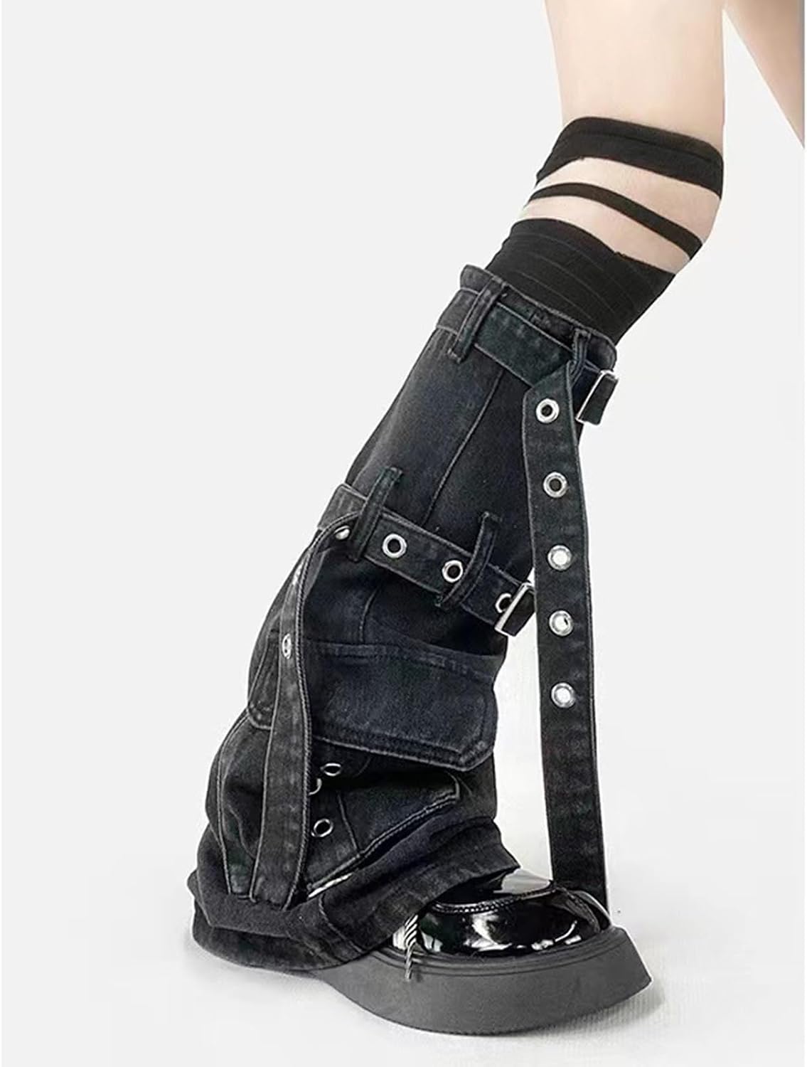 Punk Cargo Denims Leg Warmer with Metal Buckled and Pockets Boot Cover Knee Highs Flared Stockings for Women Denims