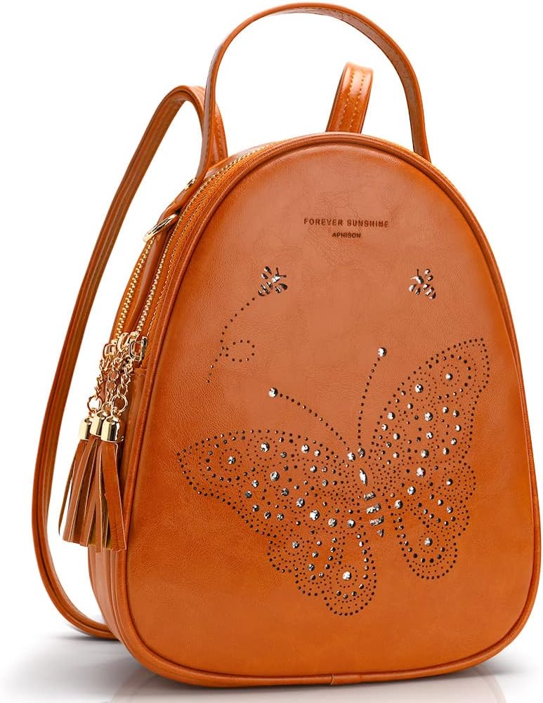 APHISON Small Backpack Purse for Women Teen Girls Cute Butterfly Mini Backpack Vegan Leather Crossbody Shoulder Bags L-BROWN