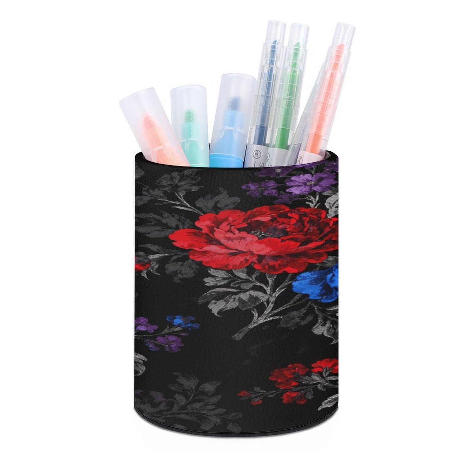 VstaDank Floral Black Pen Holder Round Pencil Holder Cup Pen Container PU Leather Desk Organizer Stand Decor Brush Scissor Holders Decoration Office Desk Home (3.1 X 3.9 Inches)