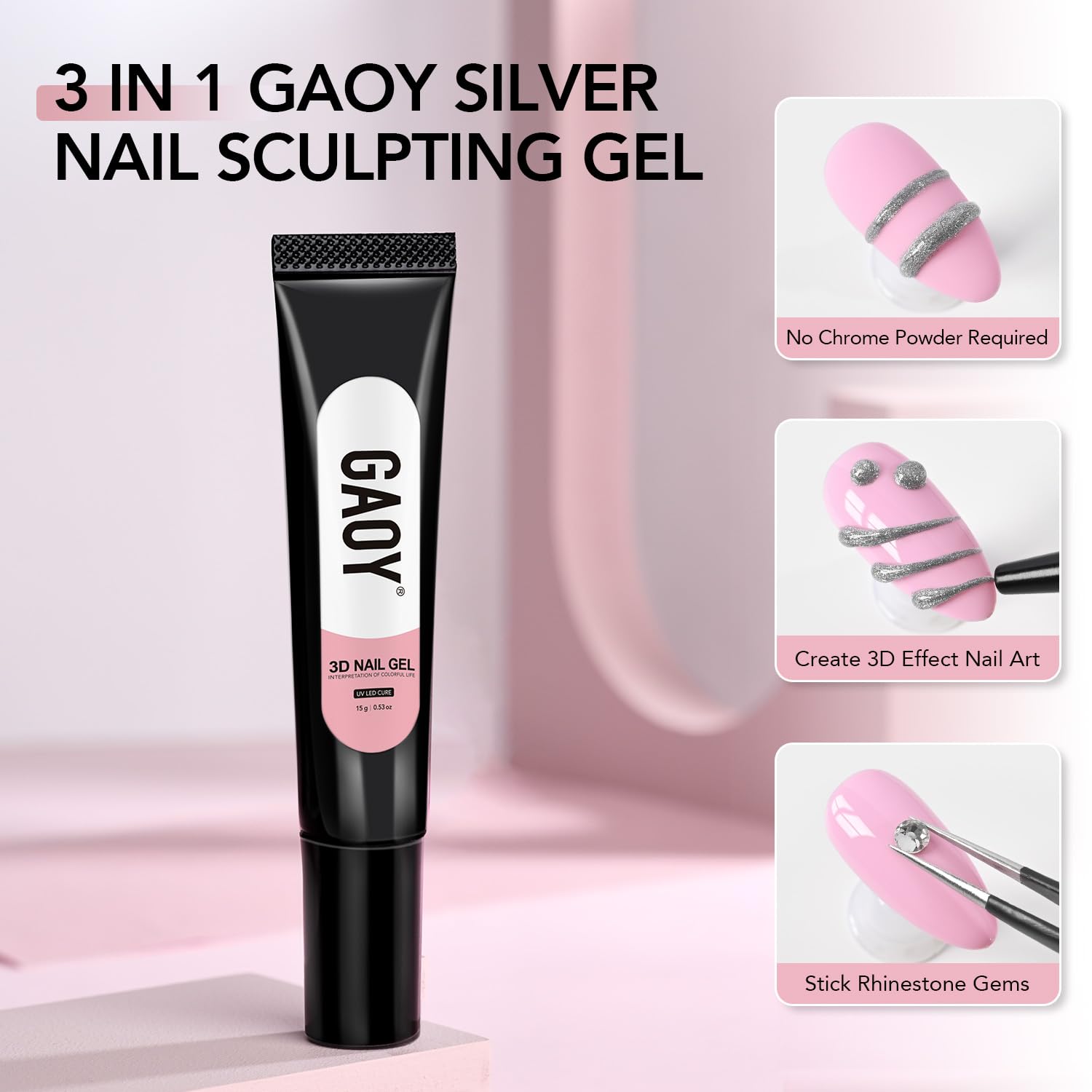 GAOY 15g Silver 3D Nail Gel for Nail Art, 3D Sculpting Gel, No Wipe image 5