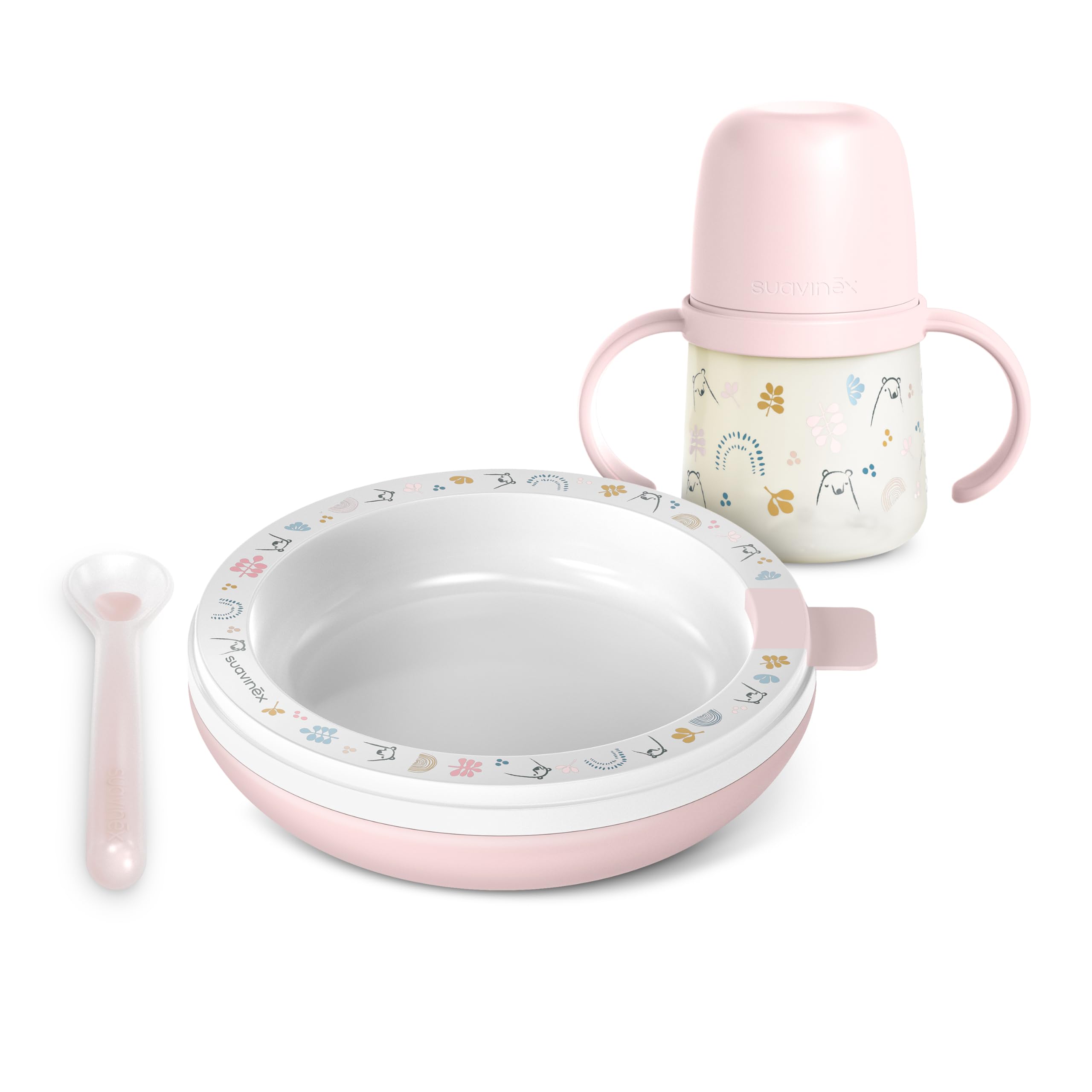 Suavinex, Zestaw gorących posiłków z talerzem termicznym, silikonowa łyżka + kubek z silikonowymi uchwytami i dziobkiem + talerz termiczny + 6 miesięcy, My Family Pink