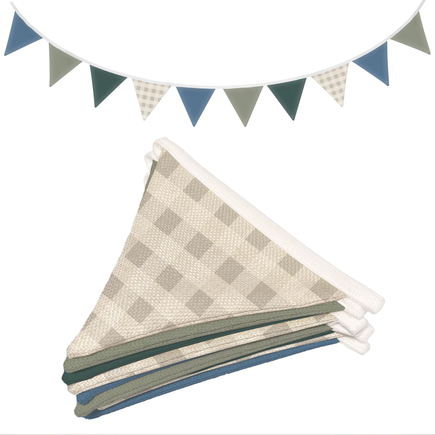 XYDEG Boys Toddler Room Playroom Nursery Decor, Garland Triangle Banners Blue Grey,11Ft Vintage Warm Neutral Plaid Design Pennant Banner Bunting Flags Fabric for Baby Shower Birthday Party Wall Art