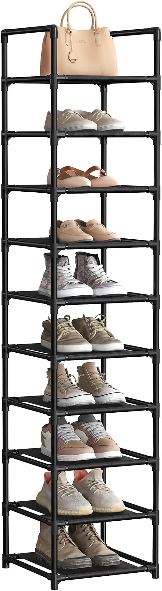 SONGMICS Shoe Rack, 10 Tier Shoe Shelf, Shoe Storage Organizer, Space-Saving, 13 x 13 x 68.1 Inches, Metal Frame, Non-Woven Fabric Shelves, for Entryway, Bedroom, Black ULSR110B02