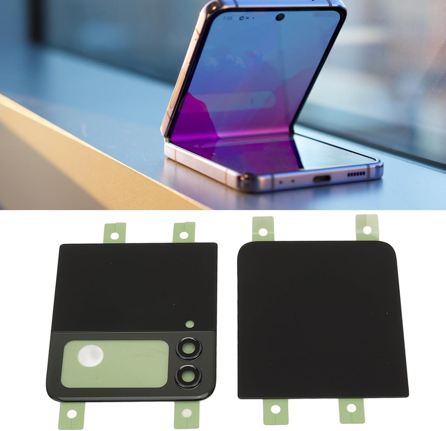 Back Glass Cover Replacement for Z Flip 4 Z Flip 4 5G F721, Back Cover Glass Housing Door with Pre Installed Tape Camera Lens Tools (Black)