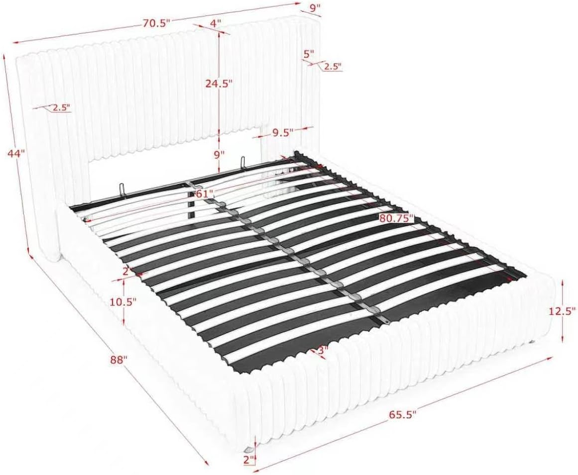 Queen Bed Frame with Storage, Upholstered Platform Bed Frame with Plush Rabbit Fur Headboard, Adult Floor Bedframe with Wooden Slats Support, No Box Spring Needed for Bedroom, Apartment, Beige