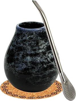 Gaucho Yerba Mate Tea Calabash Set، Mate Tea Cup، Marmol Blue، 350 ml، Ceramic Cup، Straw Stainless Straw، Bombilla 19 cm، Mate Drinking Vessel with Straw، Cork Pad