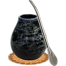 Gaucho Yerba Mate Tea Calabash Set, Mate Tea Cup, Marmol Blue, 350 ml, Ceramic Cup, Stainless Steel Drinking Straw, Bombilla 19 cm, Mate Drinking Vessel with Straw, Cork Pad