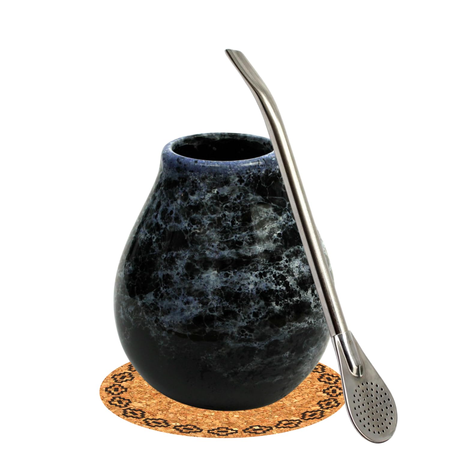 Gaucho Yerba Mate-Tee Kalebasse Set●Mate tee becher Marmol Blue 350ml●Keramik tasse●Edelstahl trinkhalm Bombilla 19cm●Mate Trinkgefäß mit Strohhalm● Korkpad